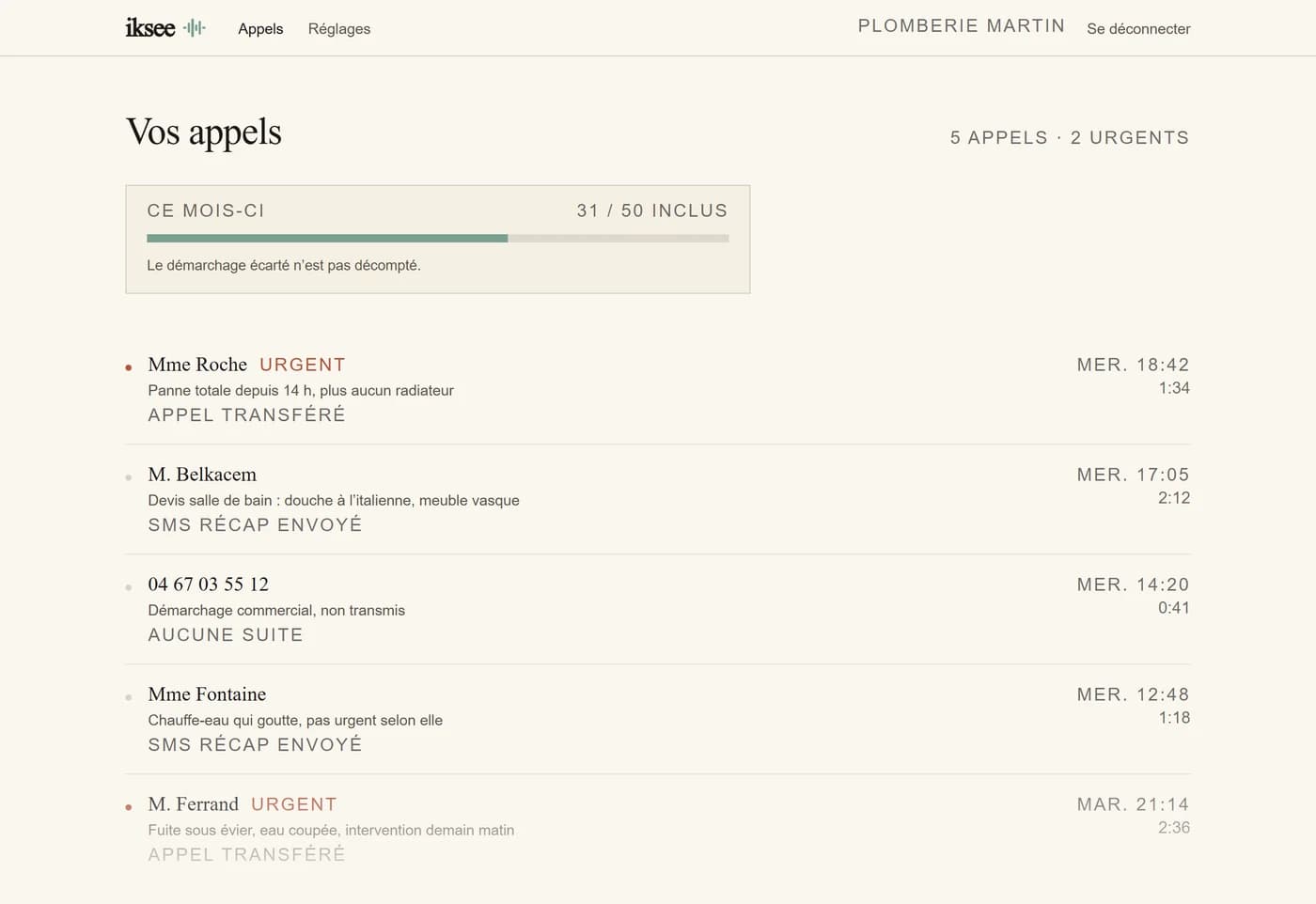 Liste des appels dans la console Iksee : cinq appels du jour avec leur heure, leur durée, ce qui en a été fait, et le compteur du forfait mensuel.